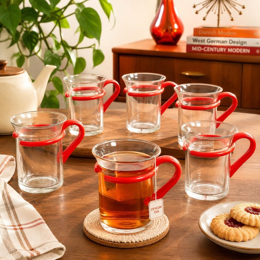 Vintage Rastal German Tea Glasses Set 6 Ceylon Red Handle Glass Cups NOS Box